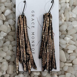 Metallic Gold Black Leather Fringe Earrings, Statement Fringe Earrings, Trending Earrings, Bridal Chic Earring, Holiday Chic Earring, Prom