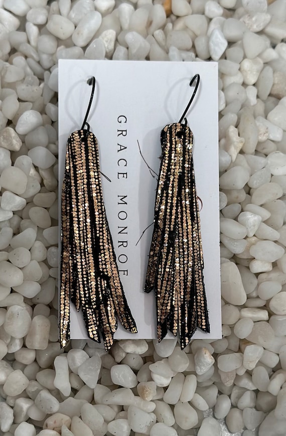 Metallic Gold Black Leather Fringe Earrings, Statement Fringe Earrings, Trending Earrings, Bridal Chic Earring, Holiday Chic Earring, Prom
