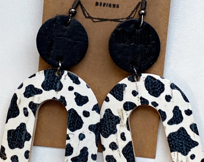 Cowprint Leather Cork Arch Earrings, U shaped earrings, Cowprint Leather Earrings, Western Jewelry, Cow Lovers, Western Earrings, ranch wear