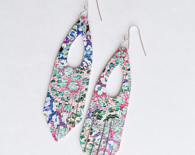 Vibrant Floral Leather Fringe Earrings/Colorful Fringe Floral Earrings/Spring Summer Fringe Earrings/Long Colorful Floral Fringe Earrings