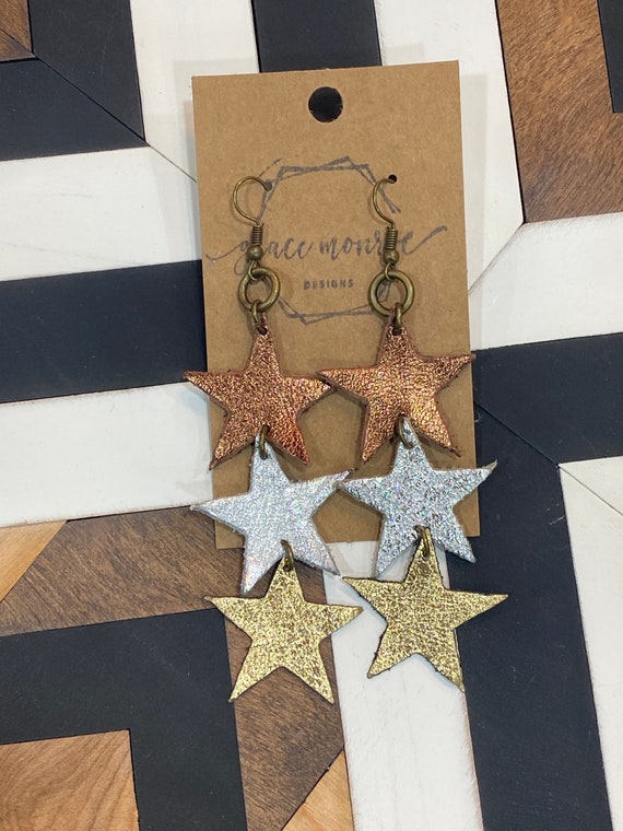 Triple Mini Star Dangle Earrings, Leathe Star Earrings, Gold Star Earrings, Bronze Star Earrings, Silver Star Earrings