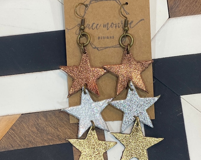 Triple Mini Star Dangle Earrings, Leathe Star Earrings, Gold Star Earrings, Bronze Star Earrings, Silver Star Earrings