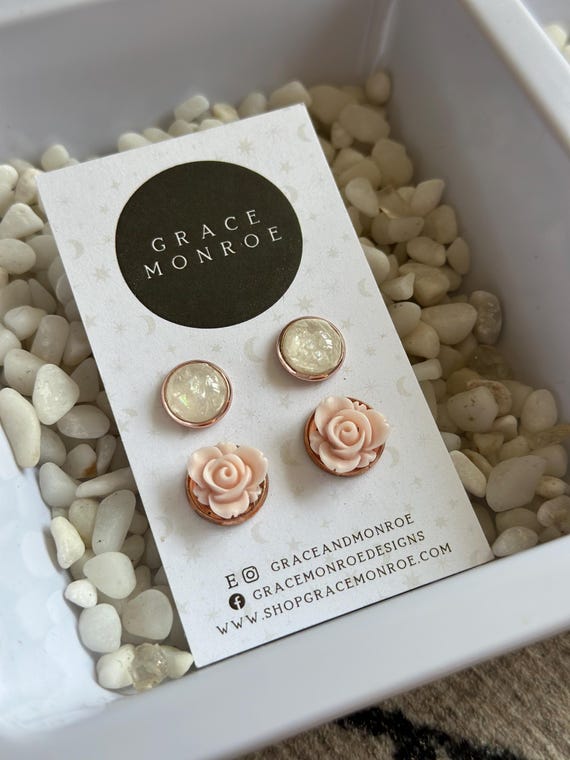 Blush Rose Iridescent Opal Stud Pack/ Rose Earrings/Opal Cabochon/Flower Stud Earrings/Opal Gold Tone Cabochon Set/Chic Rose Floral Earring