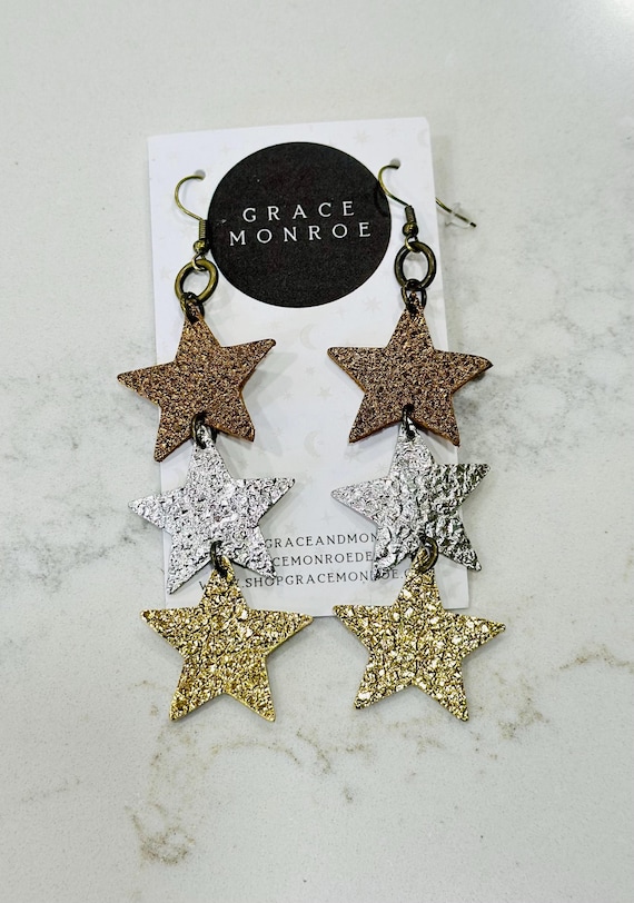 Triple Mini Star Dangle Earrings, Leathe Star Earrings, Gold Star Earrings, Bronze Star Earrings, Silver Star Earrings