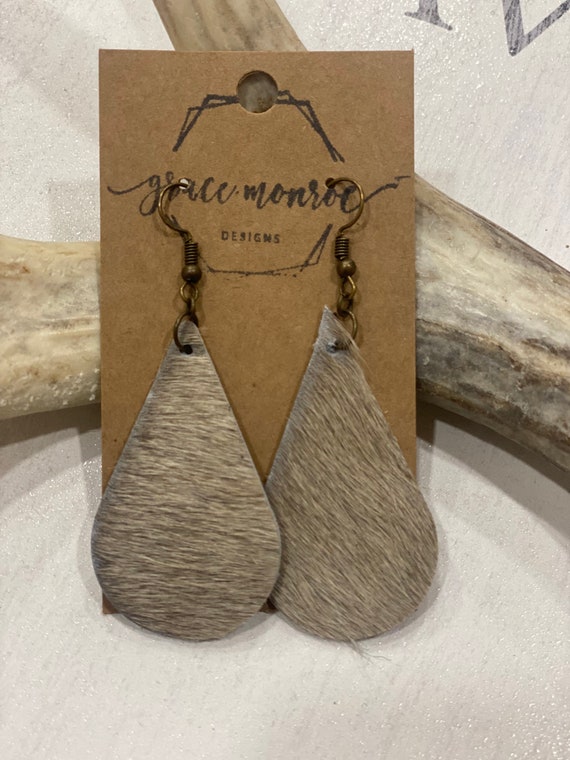 Teardrop Cowhide Earrings, Tan Hair on hide leather earrings, Cowgirl earrings, beige leather earrings, western inspired earrings, trending