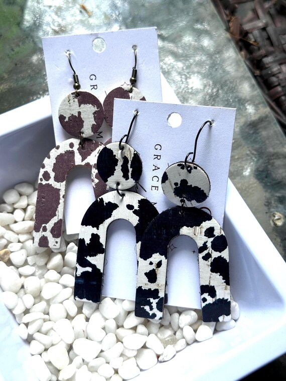 Cow Print Leather Arch Earrings/U Shaped Earrings/Black Brown Cow Print Earrings/Western Jewelry/Cattle Ranch Wear/Cattle Farm Earrings