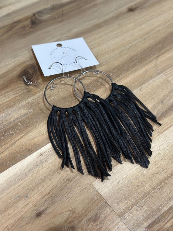 Authentic Leather Black Fringe Earrings/Bridal Wedding Earrings/Boho Chic Earrings/Country Concert Earrings/Summer Fringe Western Earrings
