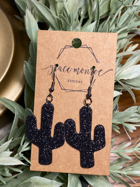 Black Shimmer Leather Cork Cactus Earrings, Trending Earrings, Cactus Earrings, Black Earrings, Cowgirl Fashion, Cactus Jewelry, western