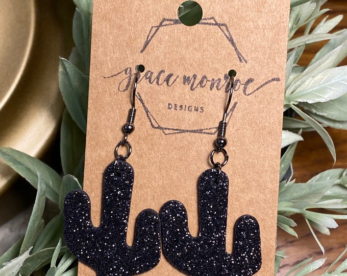 Black Shimmer Leather Cork Cactus Earrings, Trending Earrings, Cactus Earrings, Black Earrings, Cowgirl Fashion, Cactus Jewelry, western