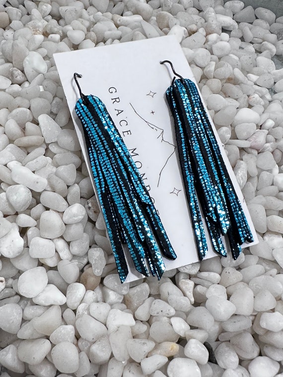 Metallic Teal Leather Fringe Earrings, Dainty Fringe Earrings, Trending Earrings, Bridal Chic Earring, Holiday Chic Earring, Prom Earrings