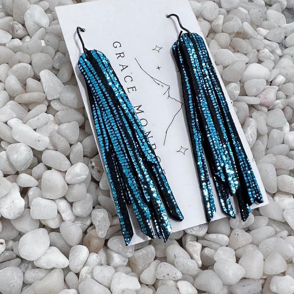 Metallic Teal Leather Fringe Earrings, Dainty Fringe Earrings, Trending Earrings, Bridal Chic Earring, Holiday Chic Earring, Prom Earrings