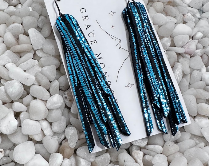 Metallic Teal Leather Fringe Earrings, Dainty Fringe Earrings, Trending Earrings, Bridal Chic Earring, Holiday Chic Earring, Prom Earrings