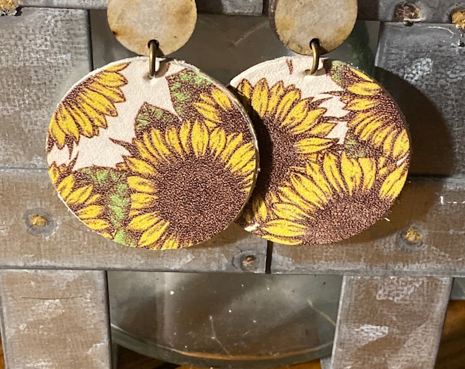 Genuine Leather Cork Earrings/Sunflower Jewelry/Leather Dangle Earrings/Boho Sunflower Earrings/Floral Leather Earrings/Sunflower Gift