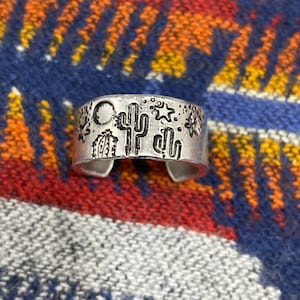 Handstamped Cactus Moon and Star Ring/ Hand Stamped Jewelry/Boho Jewelry/Moon Ring/Cactus Ring/Boho Vibe/Trending Ring/Desert Boho Ring Gift