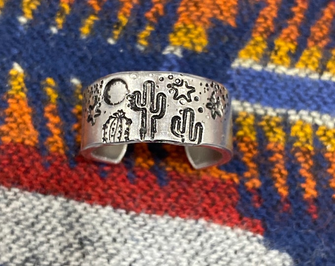 Handstamped Cactus Moon and Star Ring/ Hand Stamped Jewelry/Boho Jewelry/Moon Ring/Cactus Ring/Boho Vibe/Trending Ring/Desert Boho Ring Gift