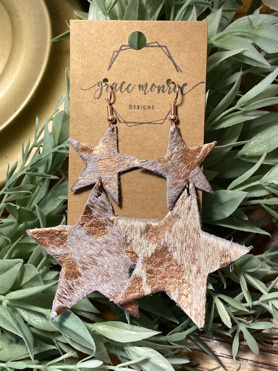 Metallic Rose Gold Double Star Stacker Metallic Gold Print Double Star Stackers, Star Earrings, Boho Earrings, Hair on Hide Print Earrings