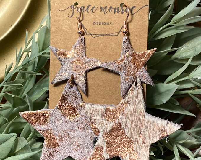 Metallic Rose Gold Double Star Stacker Metallic Gold Print Double Star Stackers, Star Earrings, Boho Earrings, Hair on Hide Print Earrings