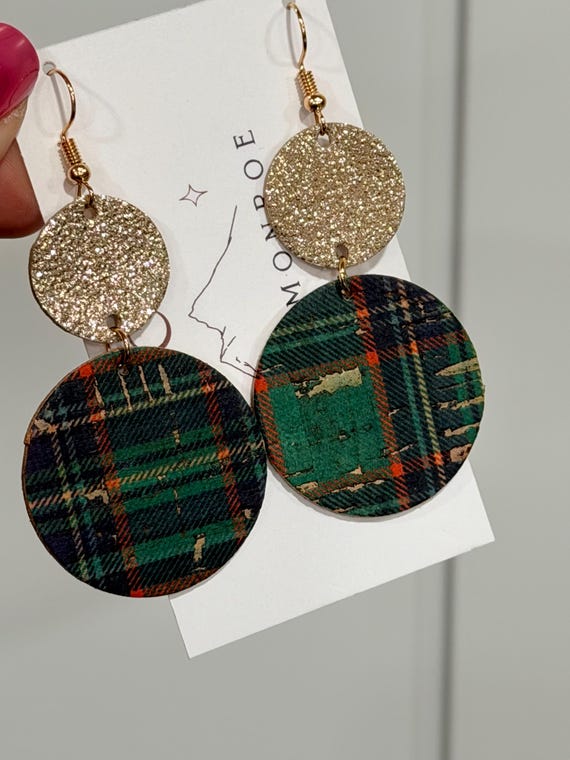 Shimmering Gold Leather on Ireland Green Plaid Leathered Cork, Holiday Earrings, Christmas Earrings, Dangle Earrings, Gift, Dangle Earrings