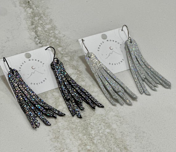 Iridescent White Black Leather Fringe Earrings/Trending Earrings/Prom Bridal Homecoming Earrings/Western Boho Earrings/Western Concert Wear