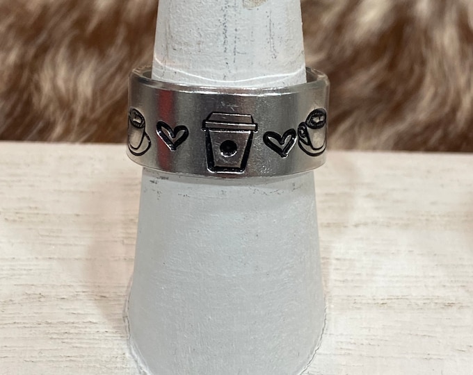 Coffee Lovers Statement Ring, Coffee Lovers Gift, Latte gift, Coffee Stocking Stuffer, coffe cup ring, coffee mug ring, Handstamped ring