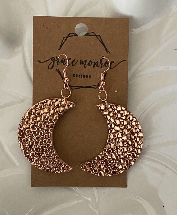 Rose Gold Leather Crescent Moon Dangles, Crescent Moon Earrings, Gold Leather Celestial Earrings, Boho Hippie Earrings, Moon Lovers Earrings