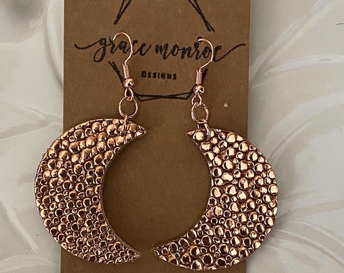 Rose Gold Leather Crescent Moon Dangles, Crescent Moon Earrings, Gold Leather Celestial Earrings, Boho Hippie Earrings, Moon Lovers Earrings
