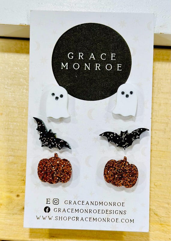 Petite Halloween Three Pack Stud  Earring Set/Pumpkin Bat Ghost Earrings/Cute Halloween Earrings/Trending Halloween Earring Stud Gift Pack