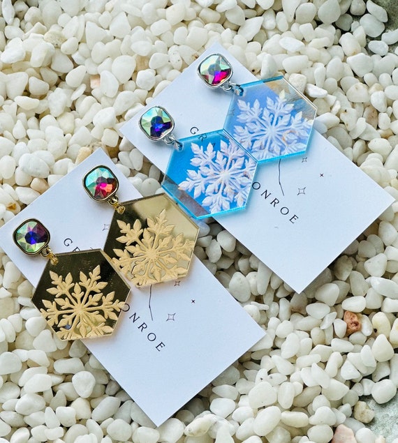 Aurora Crystal Iridescent Gold Silver Snowflake Dangle Earrings/Sparkly Trend Holiday Earrings/ Winter Chic AB Crystal Acrylic Earrings/Gift