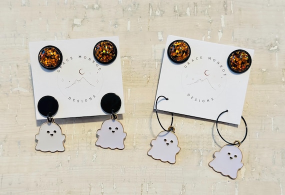 Halloween Enamel Ghost Earring with Black Orange Glitter Stud/Trending Halloween Earrings/Ghost Hoop Earrings/Double Pack Halloween Earrings