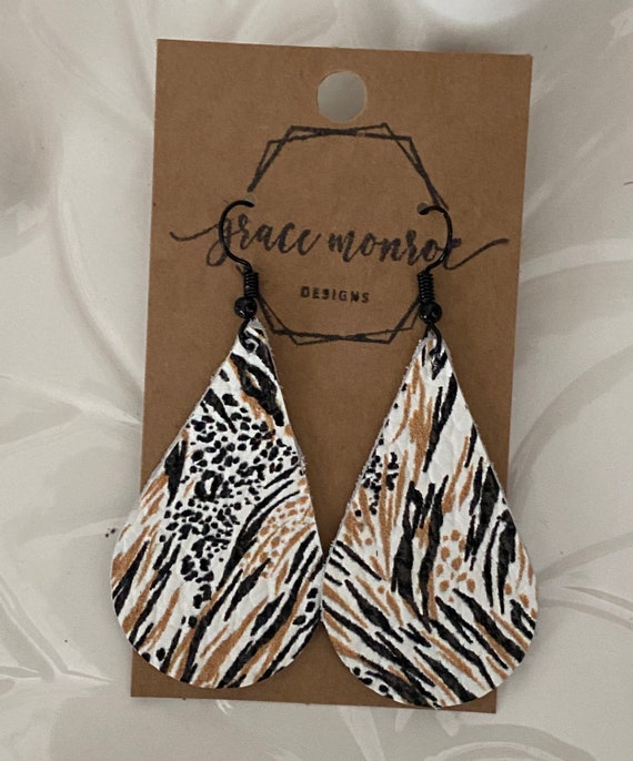 Leopard Frenzy Teardrop Earrings, Cowhide Earrings, Leopard Earrings, Zebra Stripe Earrings, Trending Earrings, Leather Animal Print Earring
