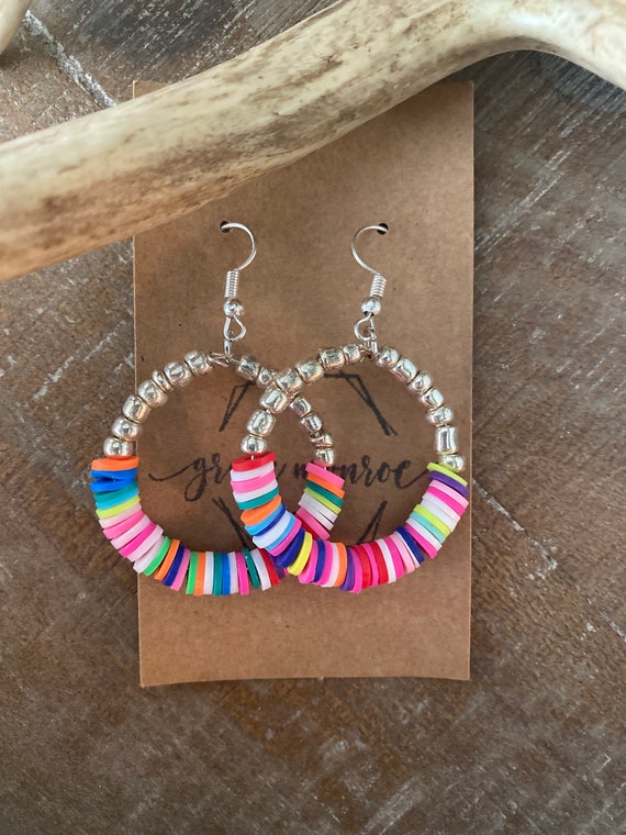Rainbow Heishi Hoops, Heishi Earrings, Rainbow Earrings, Teacher Gift, Heishi Jewelry, Rainbow Heishi Dangles, Trending Earrings, Colorful
