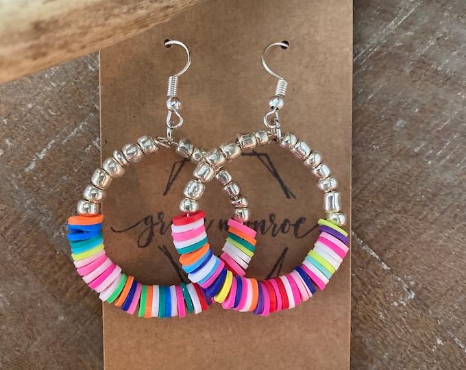 Rainbow Heishi Hoops, Heishi Earrings, Rainbow Earrings, Teacher Gift, Heishi Jewelry, Rainbow Heishi Dangles, Trending Earrings, Colorful