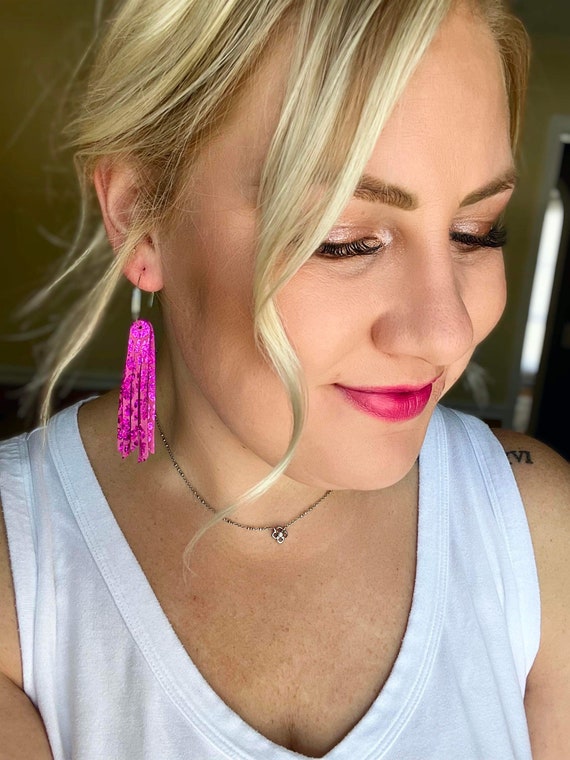 Short metallic pink leopard fringe leather earrings, pink leopard fringe earrings, trending earrings, triple layer fringe earrings, boho