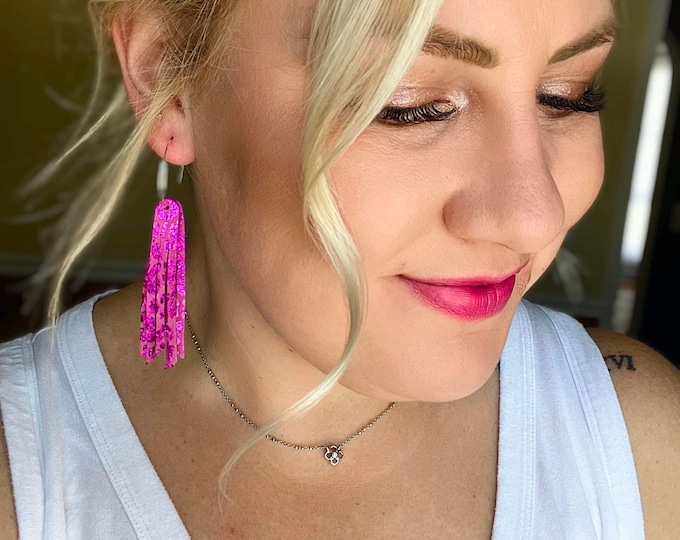 Short metallic pink leopard fringe leather earrings, pink leopard fringe earrings, trending earrings, triple layer fringe earrings, boho