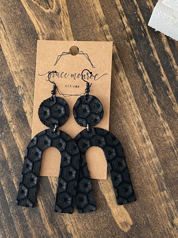 Black Beehive Arch Leather Earrings, U Shaped Leather Earrings, Black Beehive Print Earrings, Black Leather Earrings, Boho Earrings