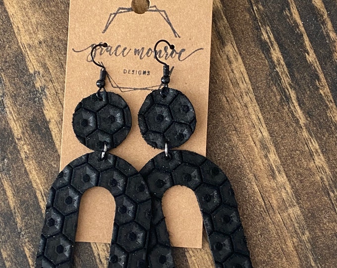 Black Beehive Arch Leather Earrings, U Shaped Leather Earrings, Black Beehive Print Earrings, Black Leather Earrings, Boho Earrings