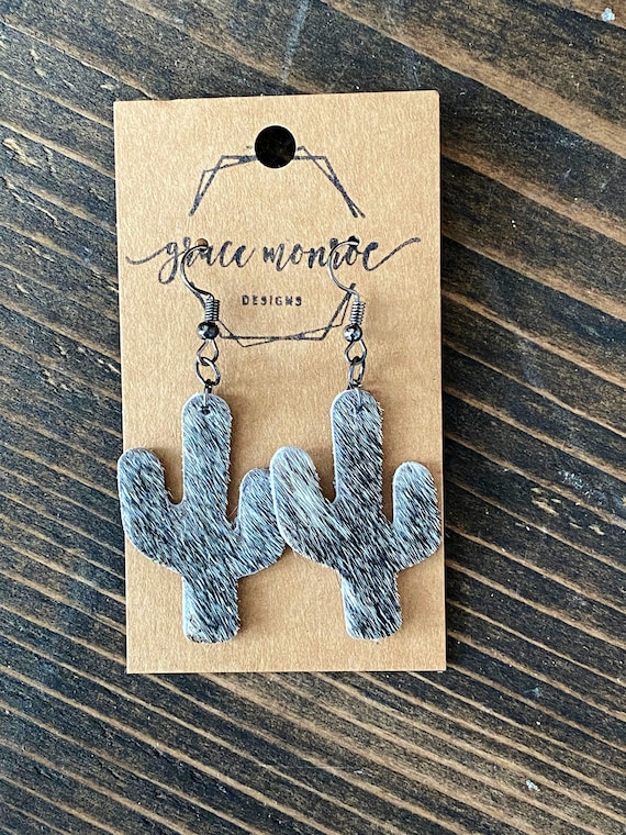 Leather Cactus Earrings/Black White Hair on Hide Cactus Earrings/Western Boho Earrings/Chic Western Earrings/Minimalist Trending Earrings
