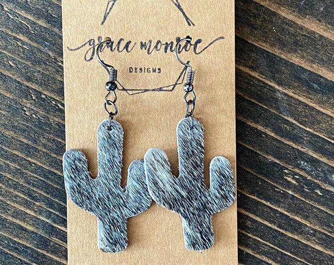 Leather Cactus Earrings/Black White Hair on Hide Cactus Earrings/Western Boho Earrings/Chic Western Earrings/Minimalist Trending Earrings
