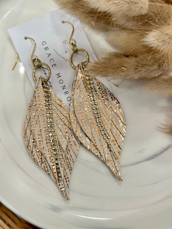 Gold Shimmer Double Leaf Rhinestone Leather Earrings, Gold Leaf Earrings, Bridal Chic Earrings, Trending Earrings, Gold Shimmer Earrings