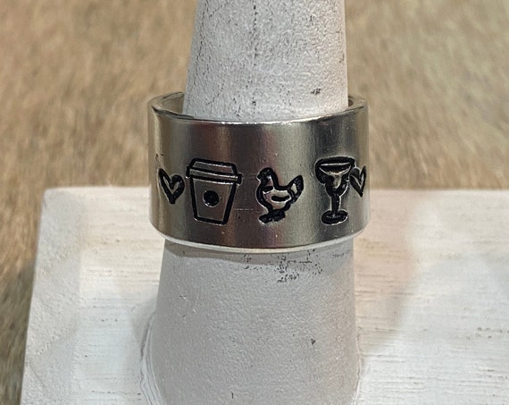 Coffee Chickens and Cocktails Ring, chicken lovers, chicken ring, coffee lovers, chicken statement jewelry, chicken ring, coffee ring