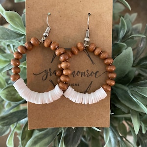 Wood and White Heishi Bead Hoop Earrings/Boho Inspired Earrings/Heishi Beaded Earrings/White and Wood Hoop Earrings/Trending Boho Earrings