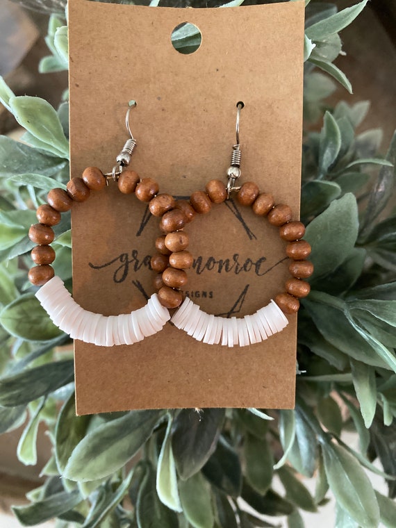 Wood and White Heishi Bead Hoop Earrings/Boho Inspired Earrings/Heishi Beaded Earrings/White and Wood Hoop Earrings/Trending Boho Earrings