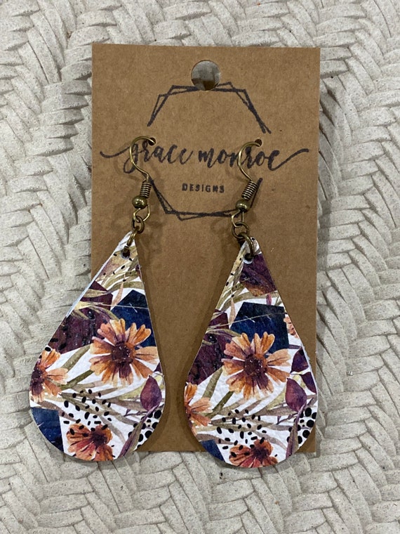 Fall Wildflower Leather Earrings, leather teardrop earrings, floral teardrop earrings, trending earrings, cowhide earrings, floral earrings