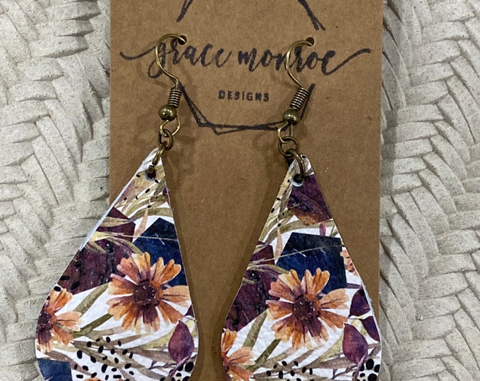 Fall Wildflower Leather Earrings, leather teardrop earrings, floral teardrop earrings, trending earrings, cowhide earrings, floral earrings