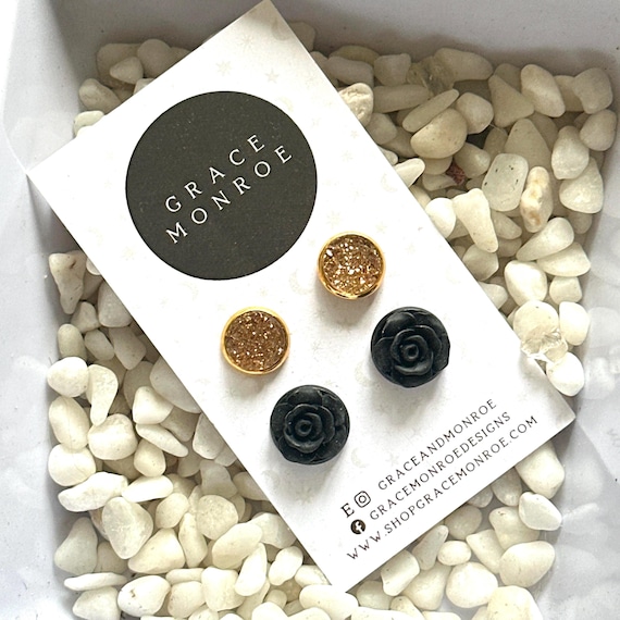 Black and Gold Druzy Stud Pack/Black Rose Earrings/Gold Druzy Earrings/Cabochon/Black Rose Flower Stud Earrings/Sparkly Gold Tone Druzy Pack