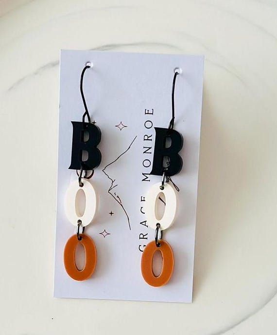 Halloween BOO Earrings/Boho Chic Halloween Earrings/Trending Halloween Earrings/Spooky Cute Earrings/Acrylic Halloween Boo Dangle Earrings