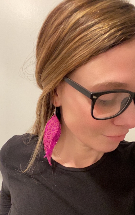 Metallic Pink Leopard Triple Layer Leather Fringe Earrings, Pink Fringe Earrings, Leather Frine Earrings, Leopard Print Earrings, Valentines