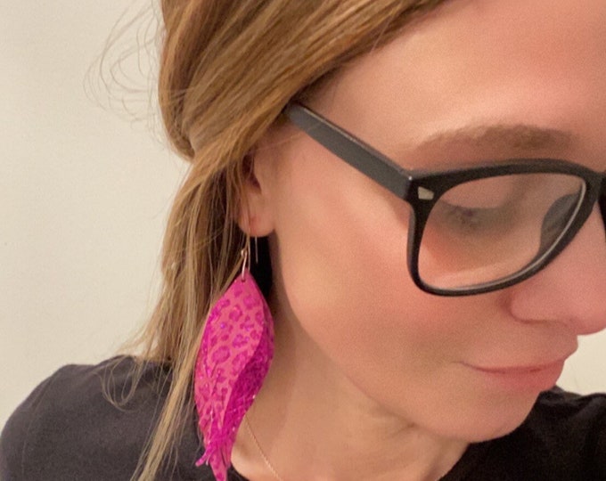 Metallic Pink Leopard Triple Layer Leather Fringe Earrings, Pink Fringe Earrings, Leather Frine Earrings, Leopard Print Earrings, Valentines