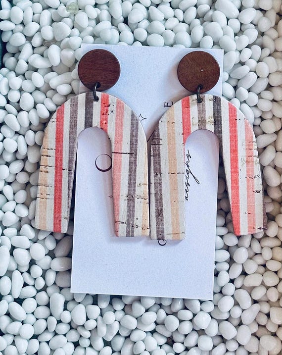 Striped Leather Arch Leather Wood Earrings/Colorful Striped Leather Earrings/U Shaped Earrings/Trending Summer Vacation Beach Vibes Earrings