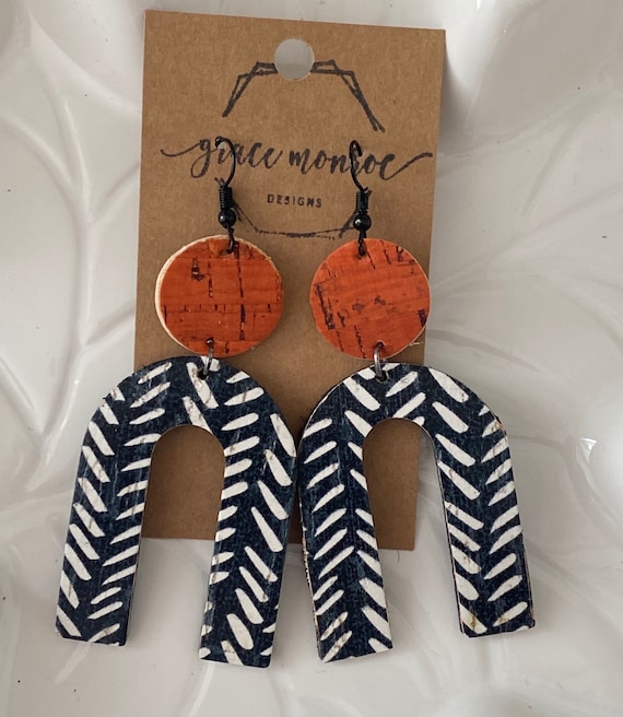 Orange Cork Earrings, Black and White Chevron Earrings, U shaped Earrings, Arch Shaped Earrings, Trending Earrings, Fall Leather Earrings